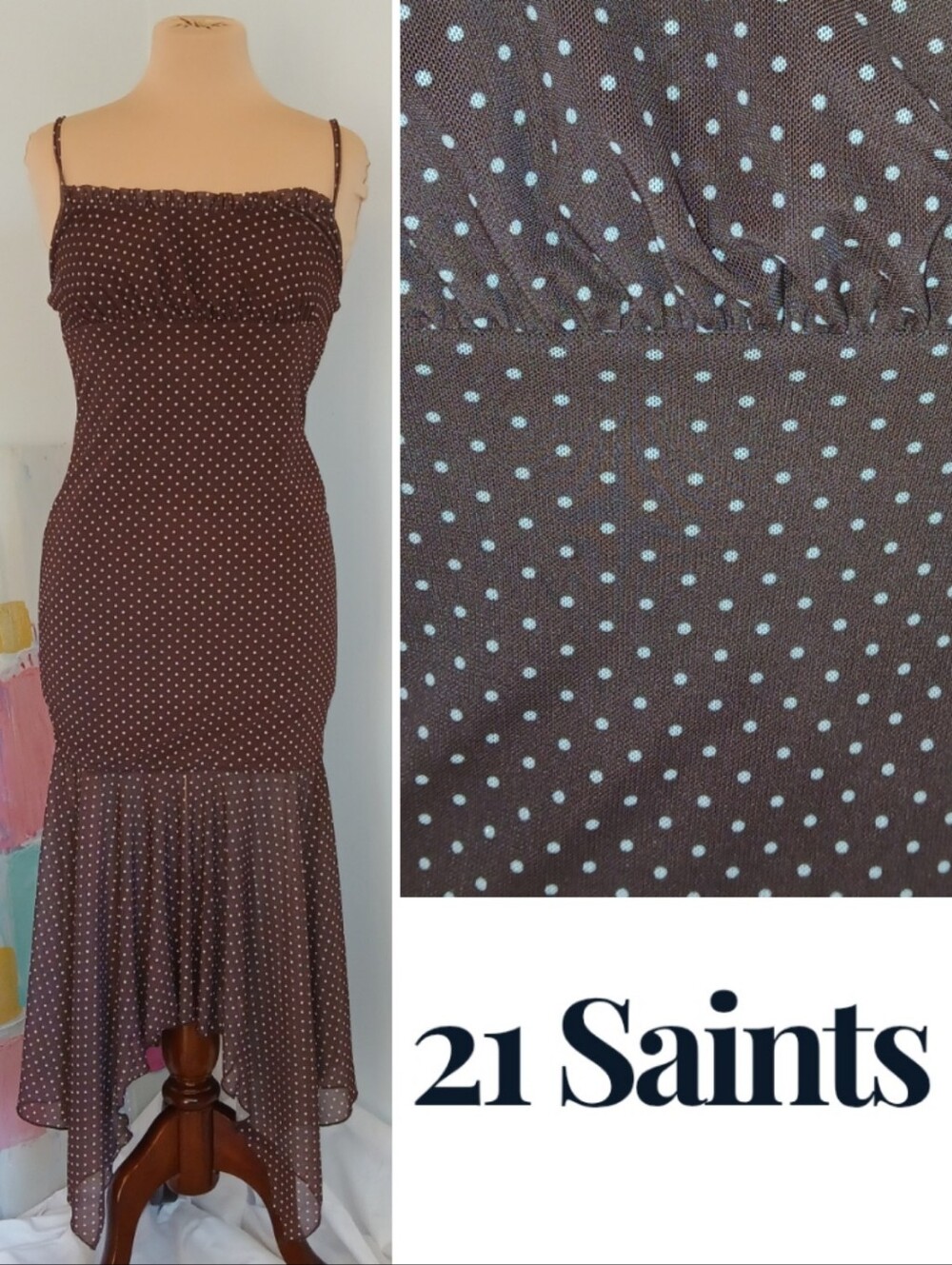 21 Saints Polka Dot Mesh Spaghetti Strap Dress, Brown
